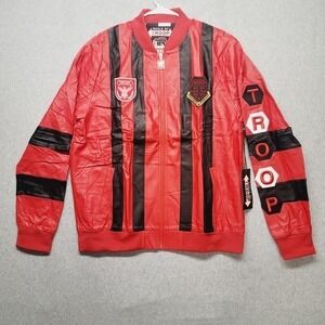 World of Troop Leather Moto Jacket Red/Black Stripes Mens Size Large Sleeve Logo